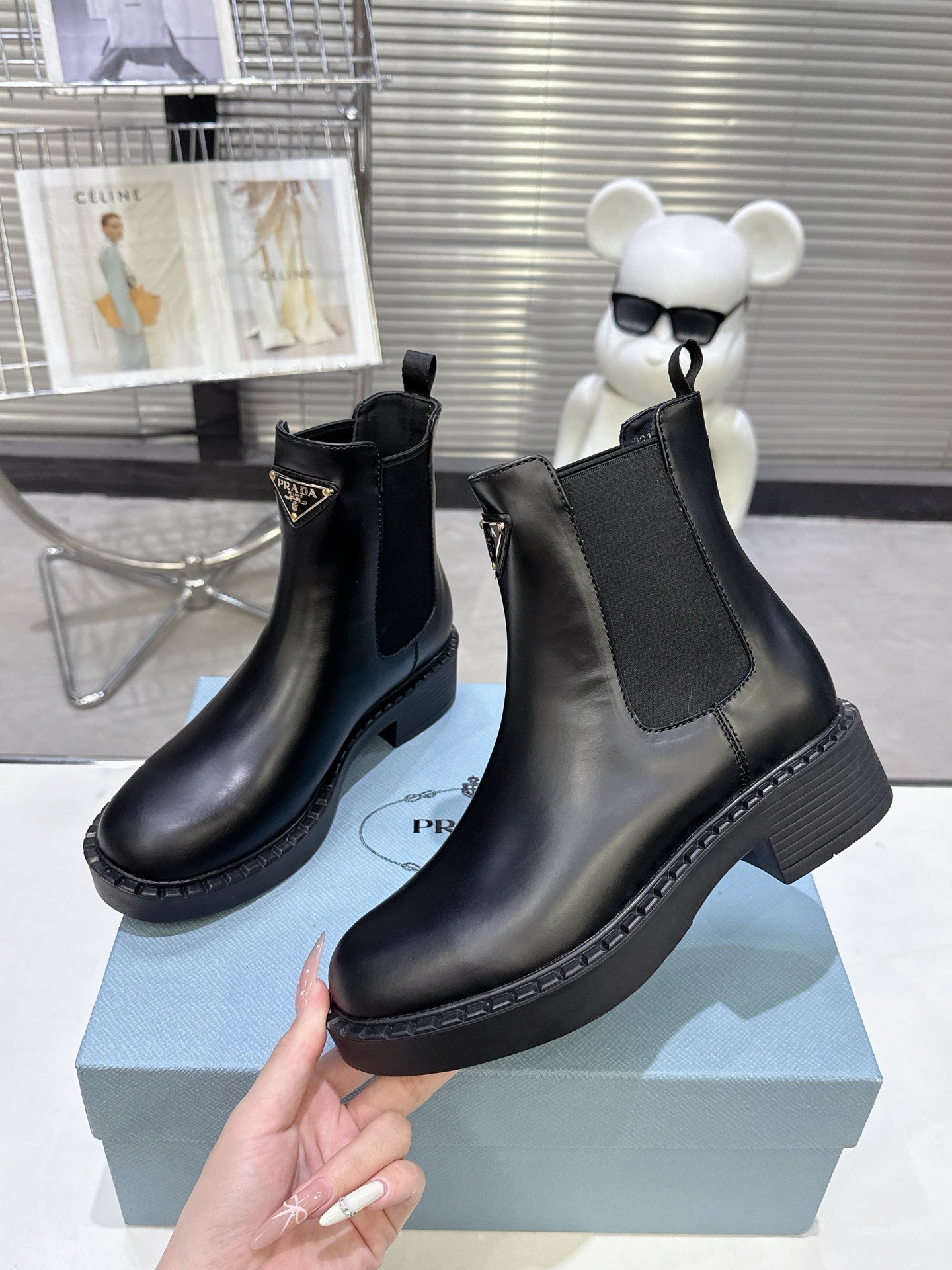 Prada Black Leather Triangle Logo Chelsea Boots