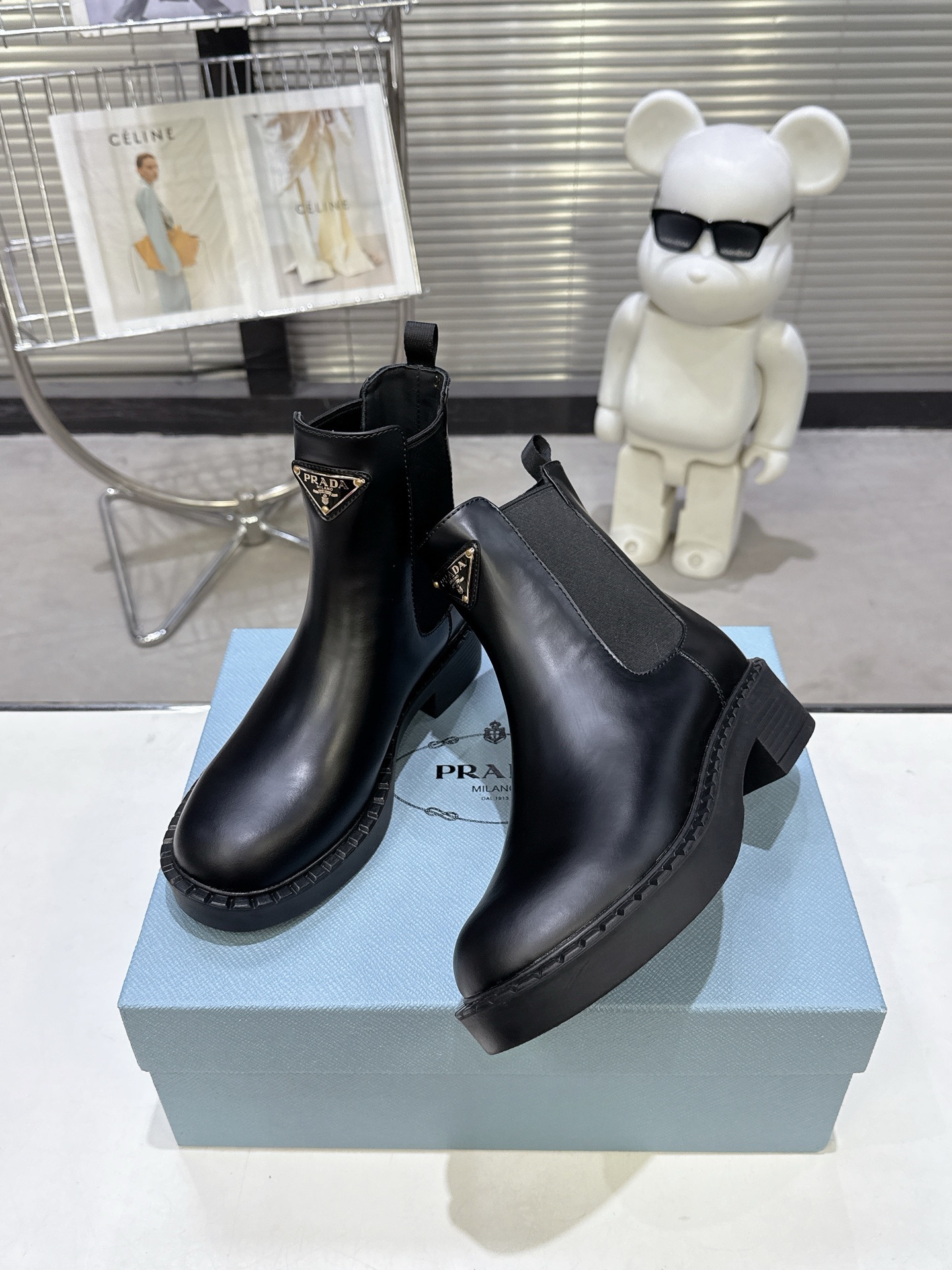 Prada Black Leather Triangle Logo Chelsea Boots - Image 6