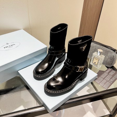 Prada Black Nylon & Patent Leather Buckle Mid-Calf Boots