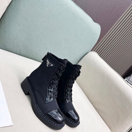 Prada Black Nylon & Patent Leather Lace-Up Cap-Toe Combat Boots