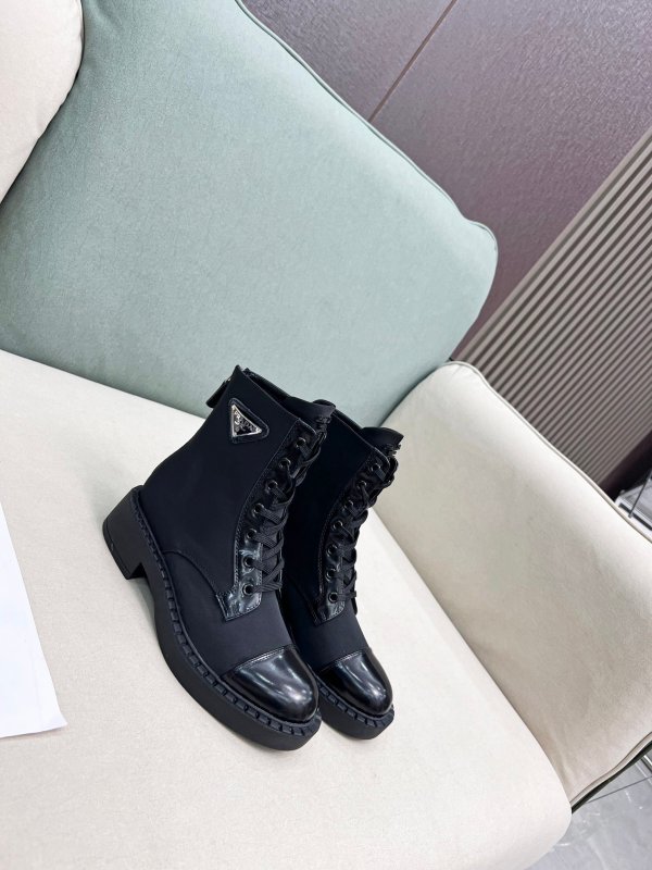 Prada Black Nylon & Patent Leather Lace-Up Cap-Toe Combat Boots