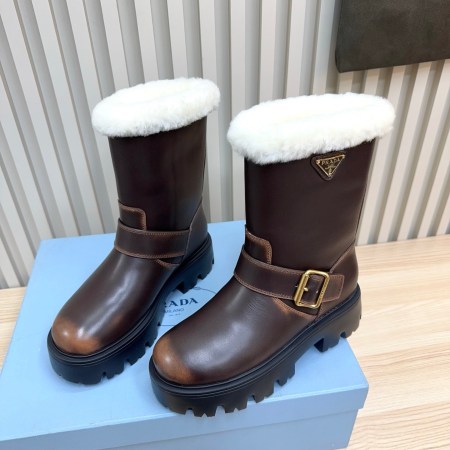Prada Brown Brushed Leather Shearling Boots