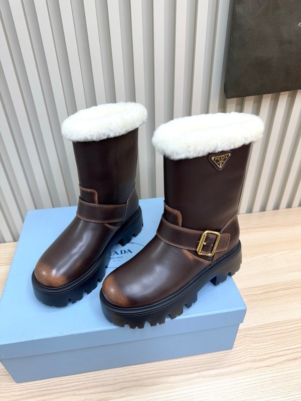 Prada Brown Brushed Leather Shearling Boots