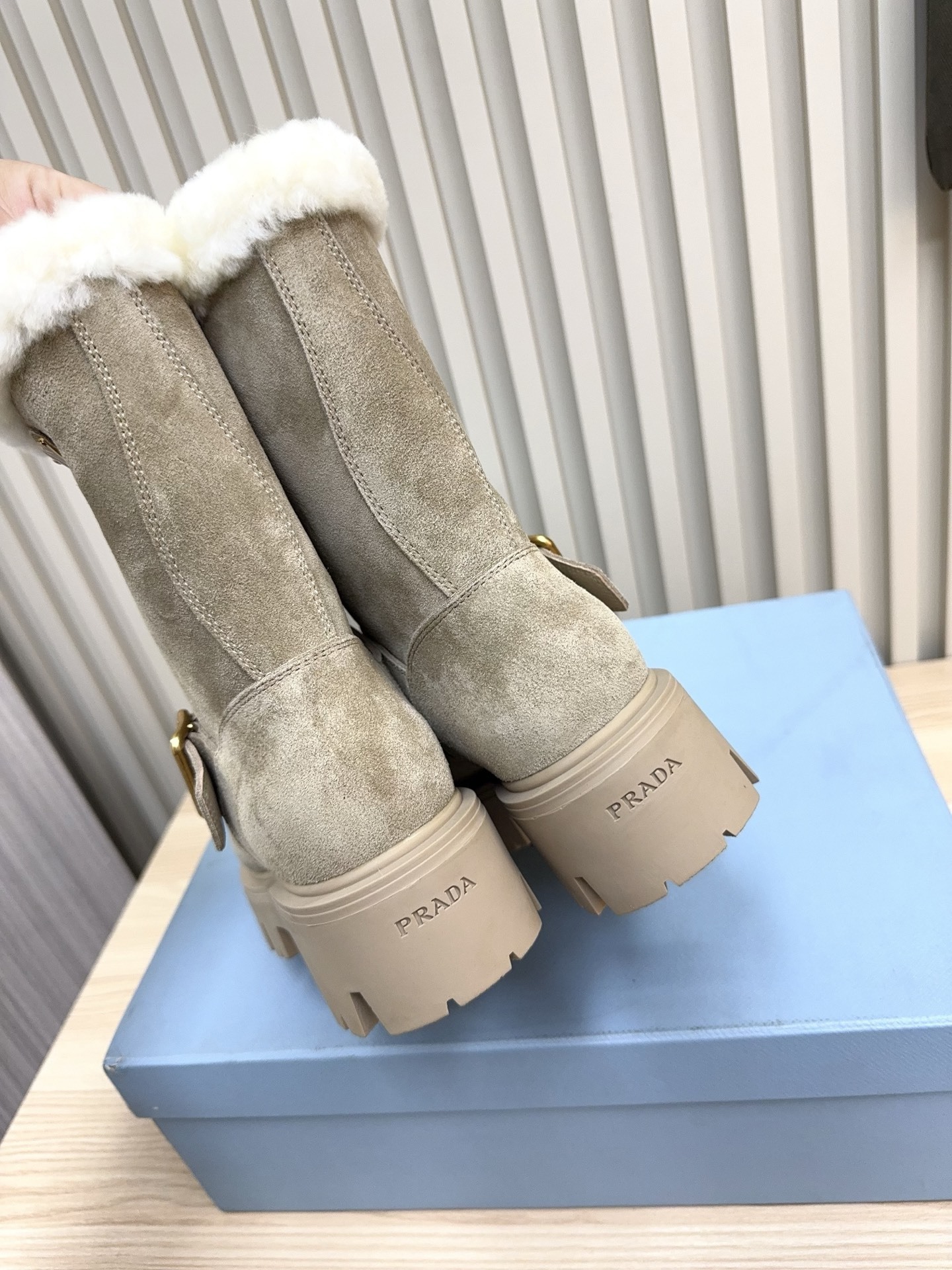 Prada Grey Brushed Suede Shearling Boots - Image 4