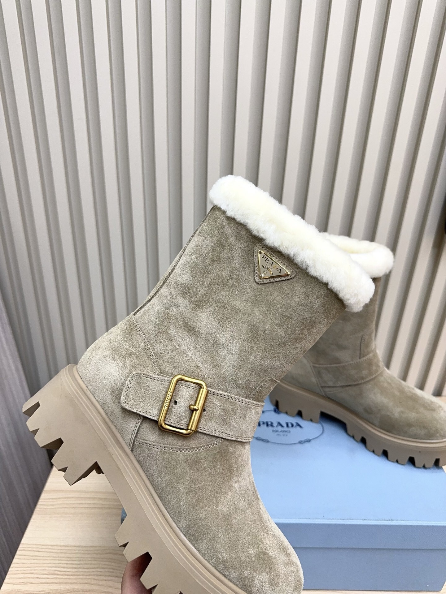 Prada Grey Brushed Suede Shearling Boots - Image 5