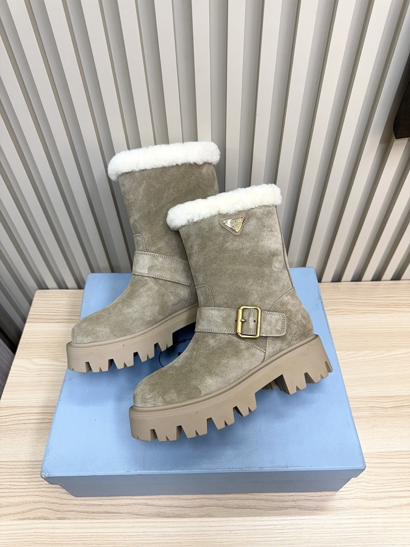 Prada Grey Brushed Suede Shearling Boots