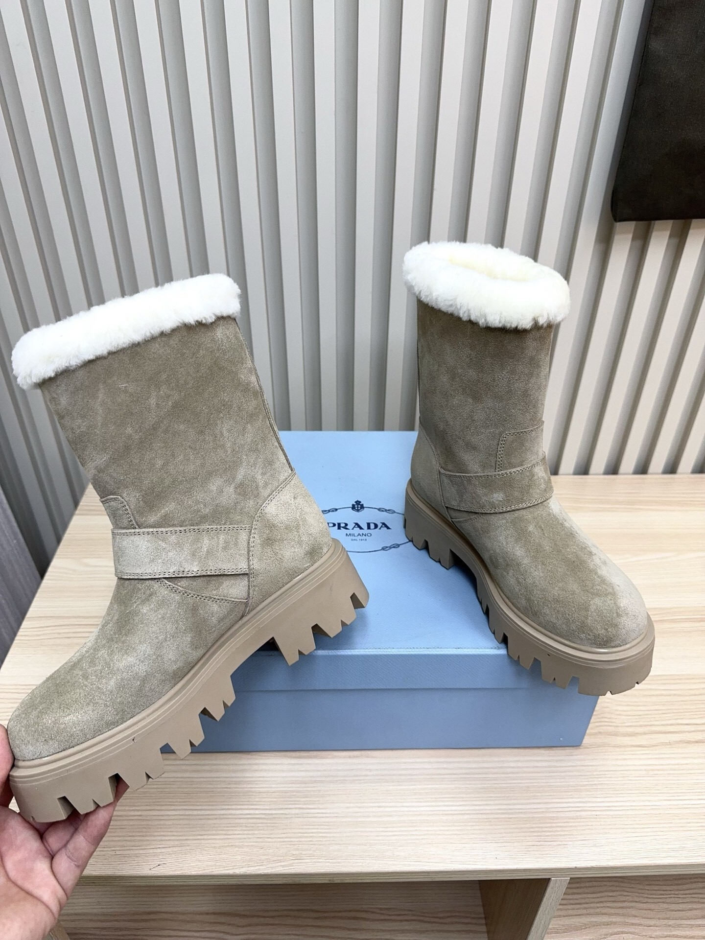 Prada Grey Brushed Suede Shearling Boots - Image 8