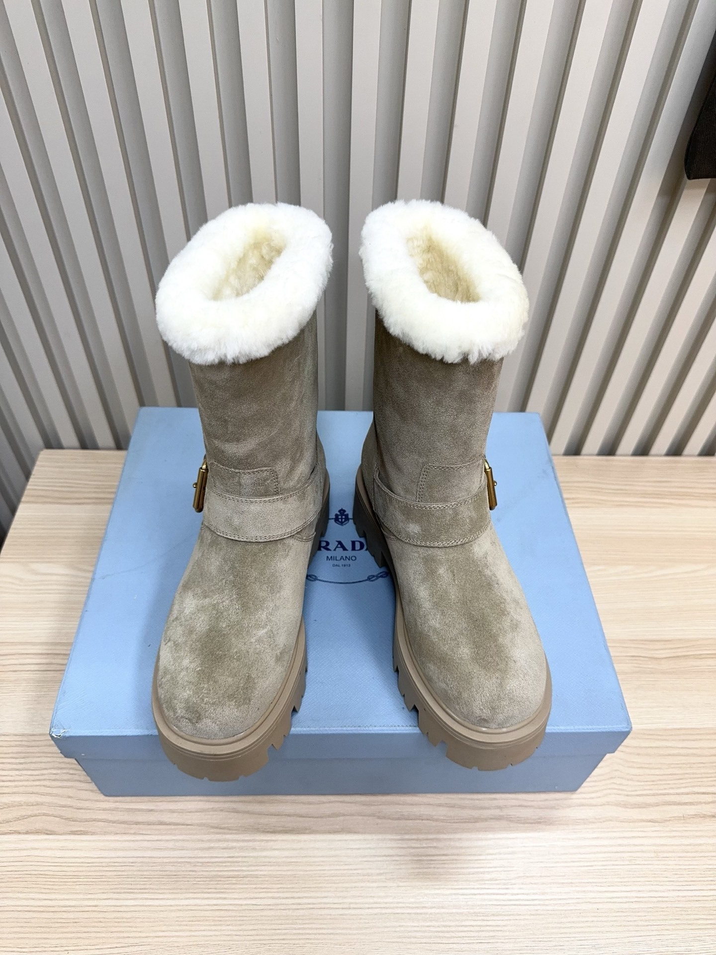 Prada Grey Brushed Suede Shearling Boots - Image 9