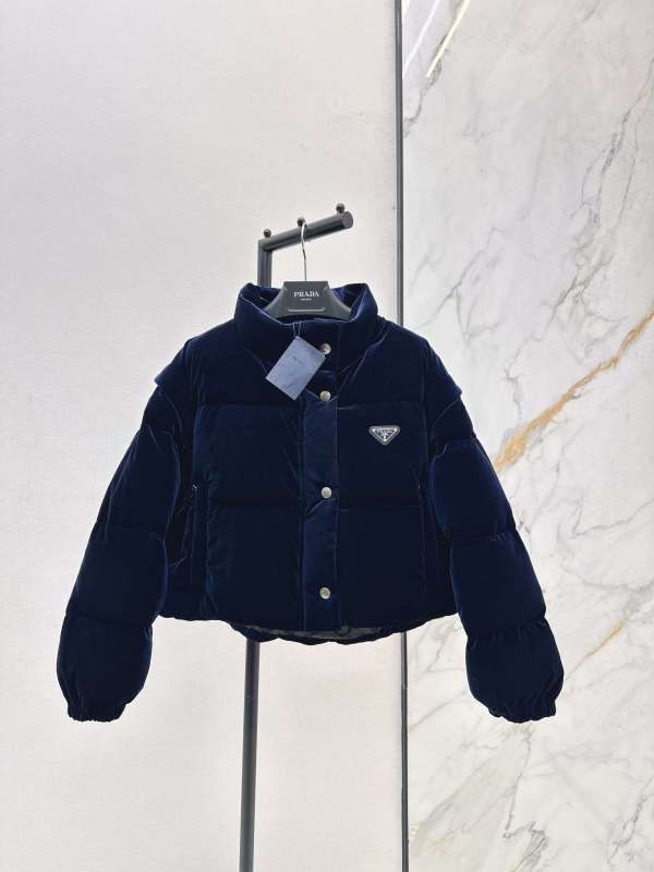 Prada Velvet Women's Down Jacket- Navy Blue