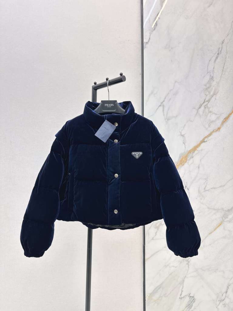 Prada Velvet Women's Down Jacket- Navy Blue