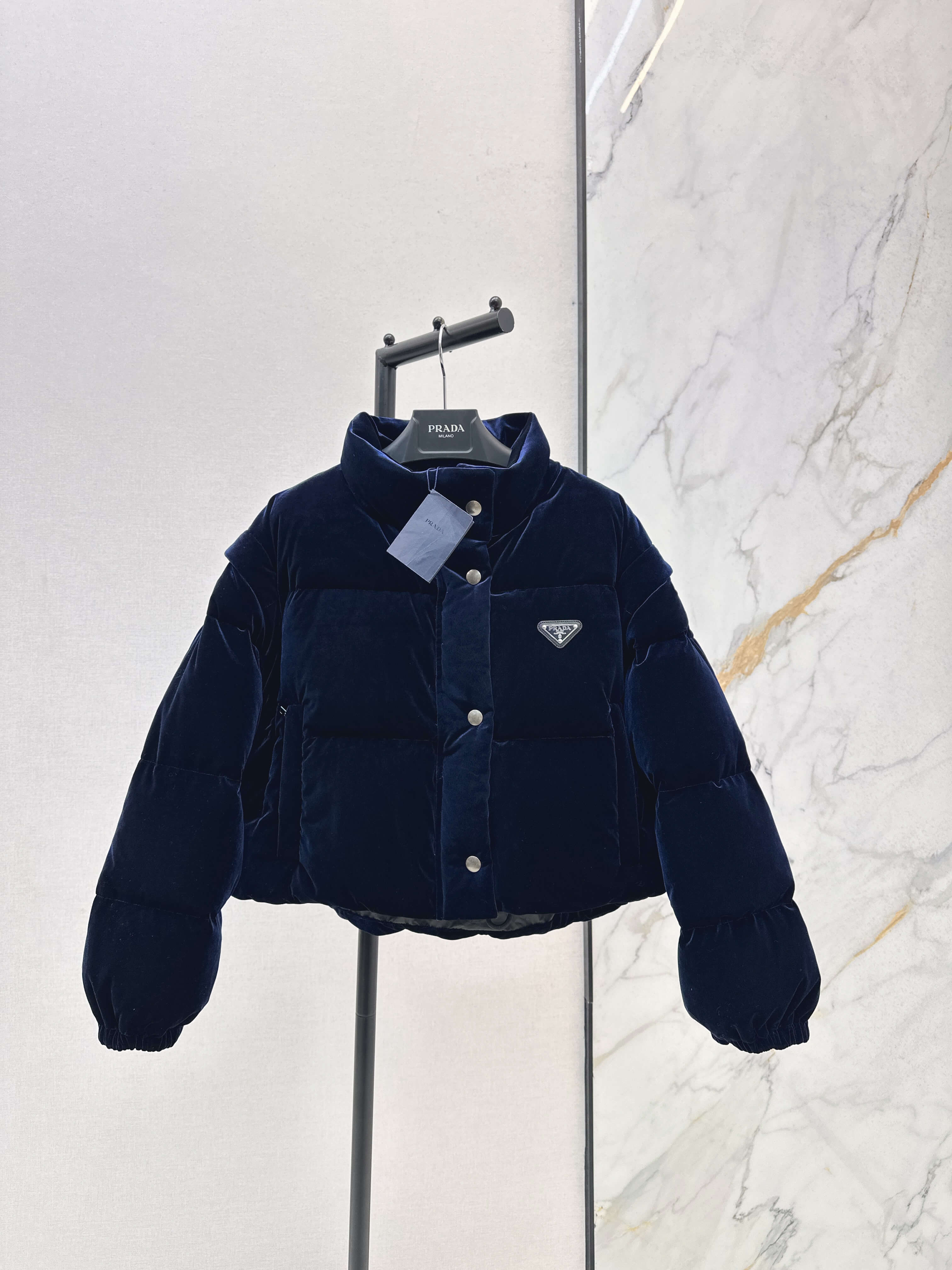 Prada Velvet Women's Down Jacket- Navy Blue