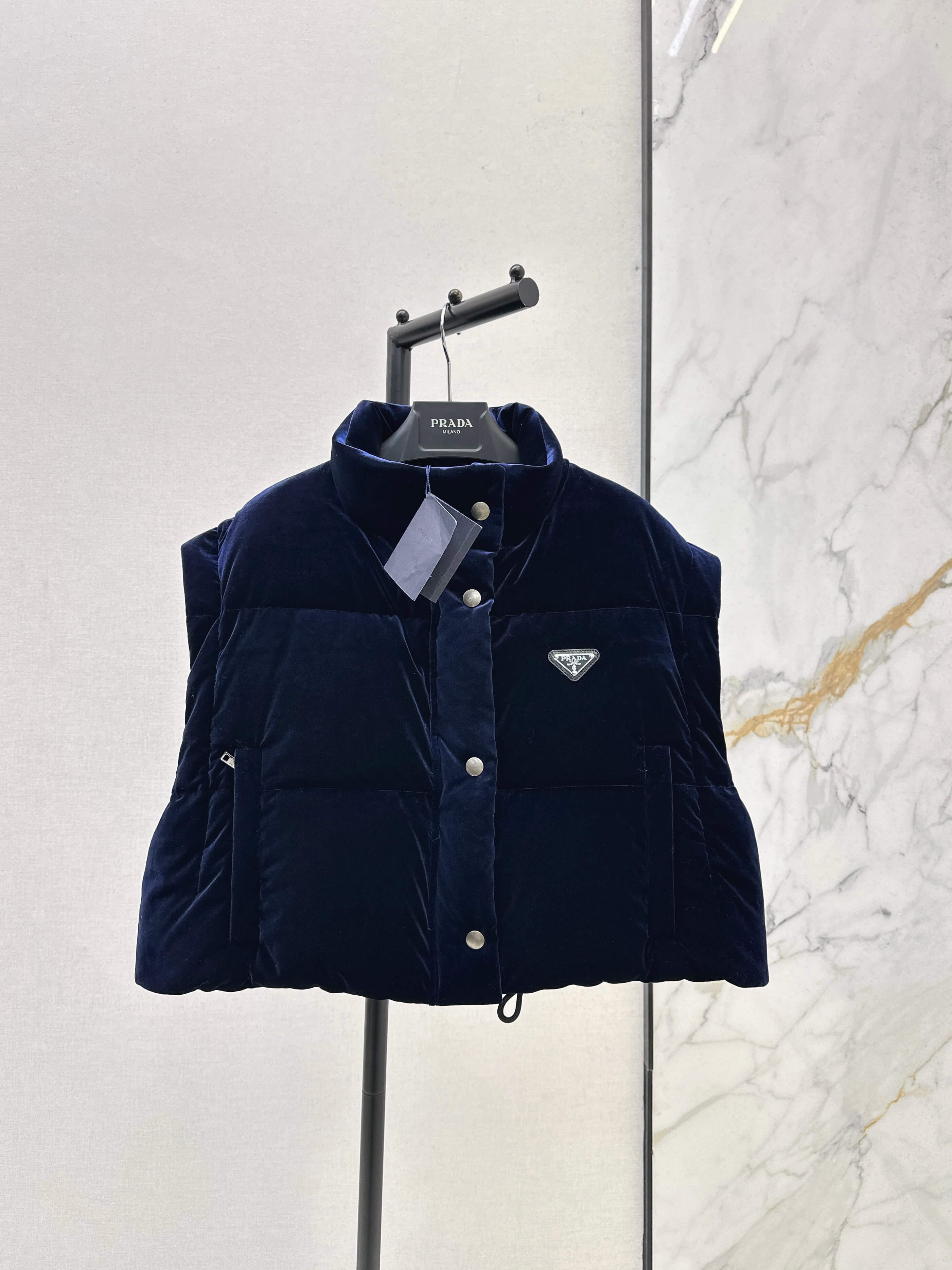Prada Velvet Women's Down Jacket- Navy Blue - Image 3