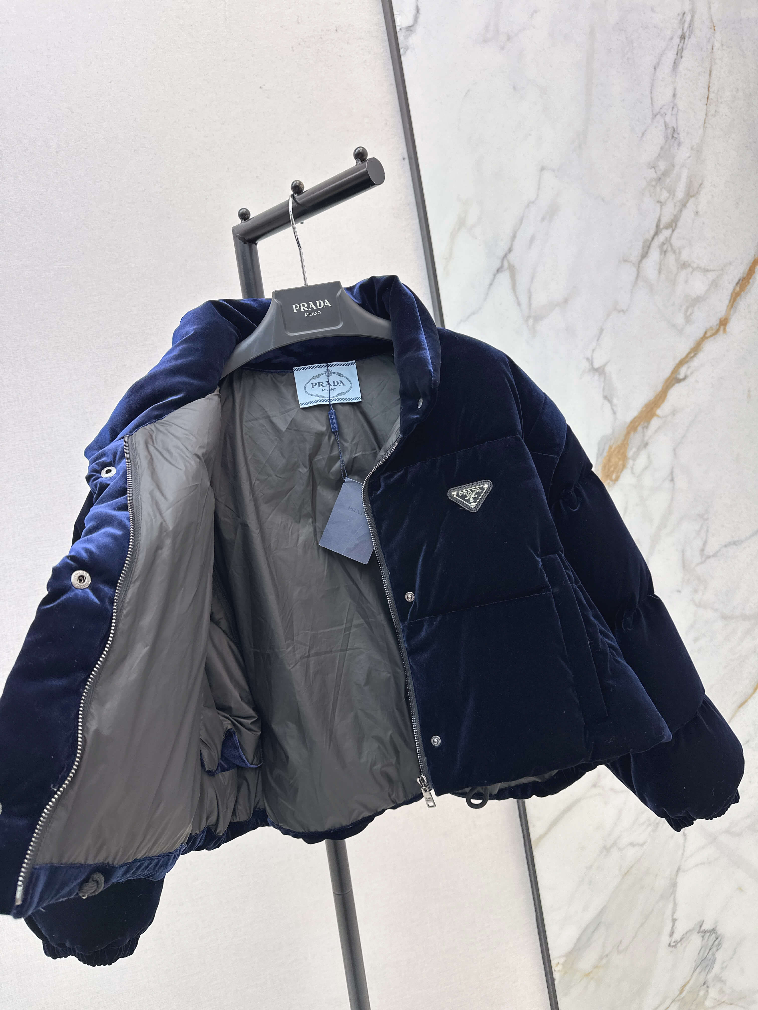 Prada Velvet Women's Down Jacket- Navy Blue - Image 5