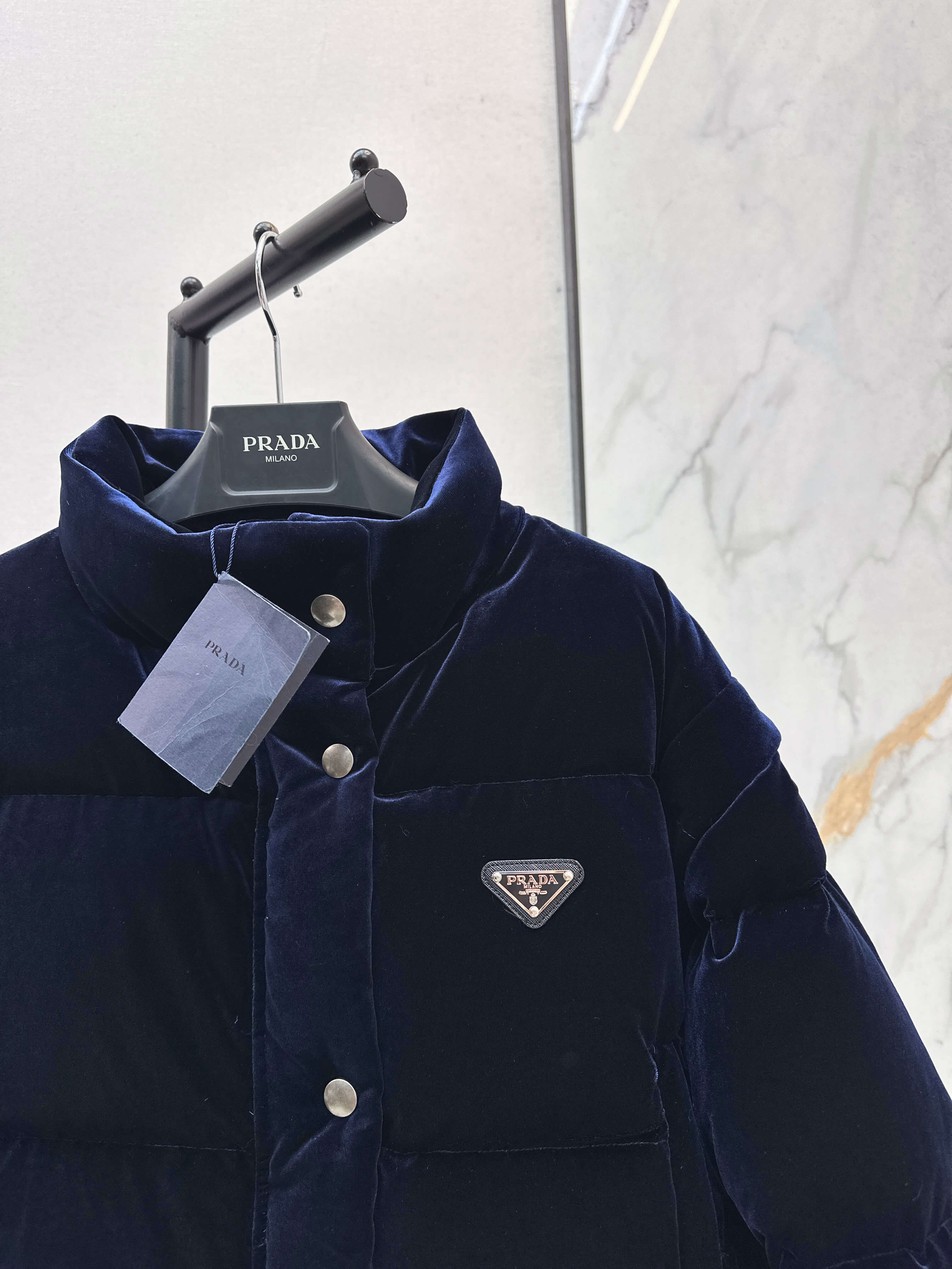 Prada Velvet Women's Down Jacket- Navy Blue - Image 6