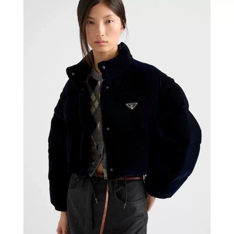 Prada Velvet Women's Down Jacket- Navy Blue - Image 8
