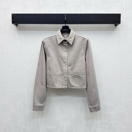 Fendi Beige Cropped Denim Jacket with Embossed Logo