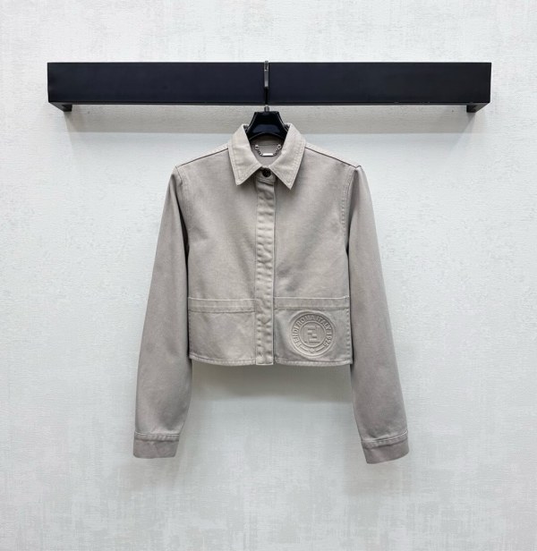 Fendi Beige Cropped Denim Jacket with Embossed Logo
