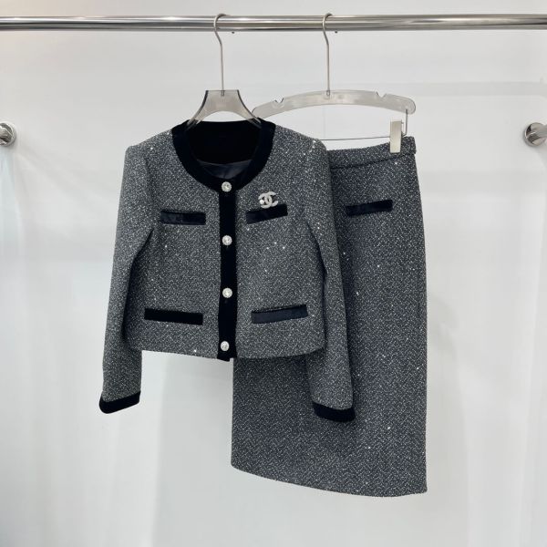Chanel Tweed Jacket and Skirt Set – Grey/Black