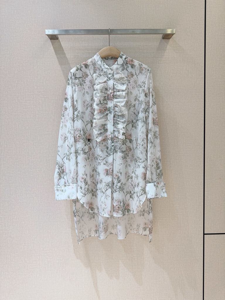 Dior White Floral Print Ruffled Blouse