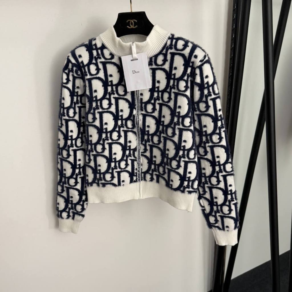 Dior Plush Logo Letter Jacquard Zip-Up Cardigan — White