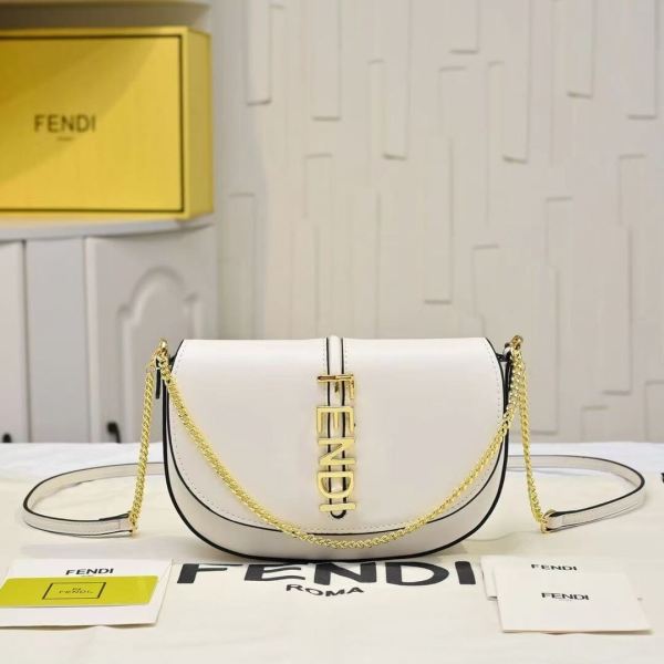 Fendi–Style White Leather Half-Moon Shoulder Bag with Gold Chain & Vertical Logo – White