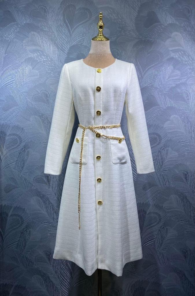 Dior White Tweed Coat Dress with Chain Belt