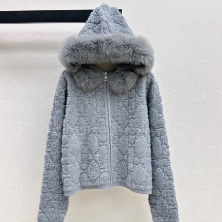 Dior Spliced Fox Fur Collar Hooded Cardigan – Grey
