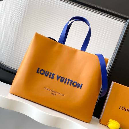 Louis Vuitton Shopper Tote MM in Saffron Cowhide Leather with Blue Handles
