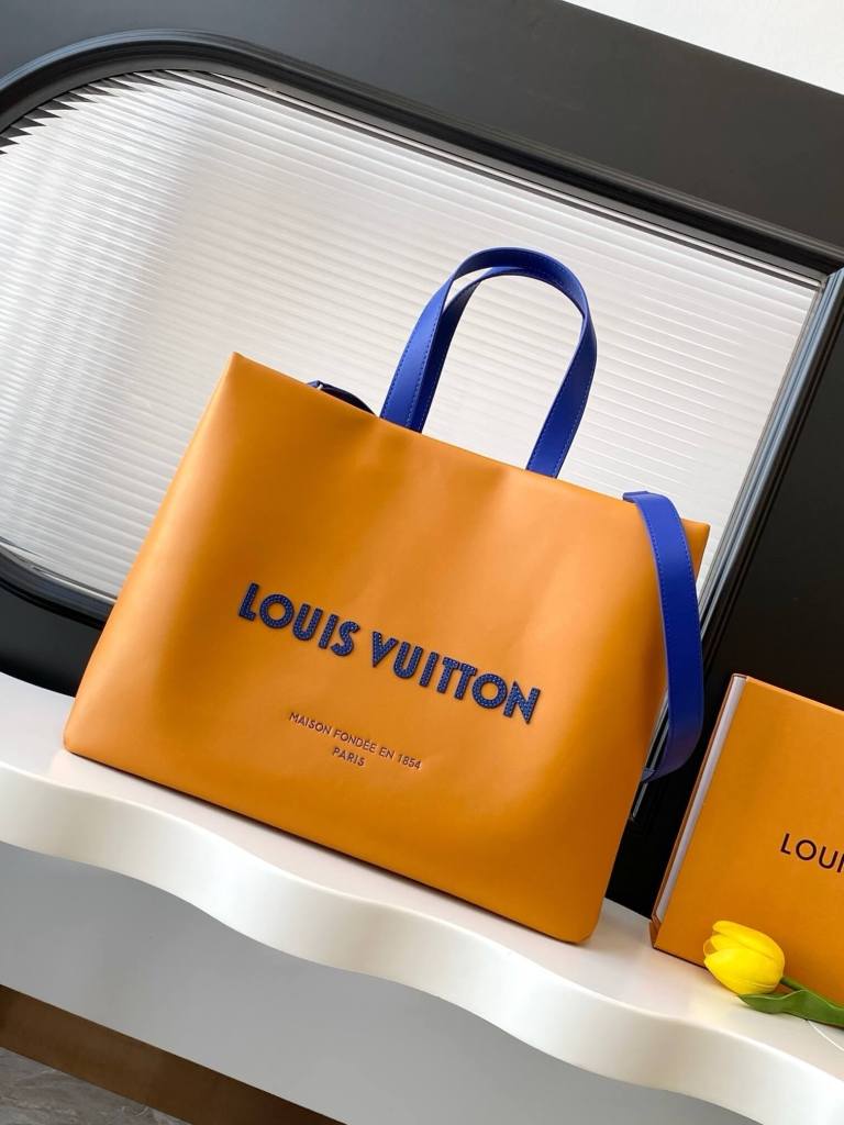 Louis Vuitton Shopper Tote MM in Saffron Cowhide Leather with Blue Handles