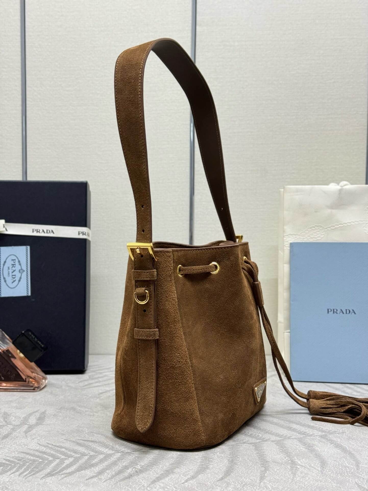 Prada Suede Bucket Bag – Brown - Image 4