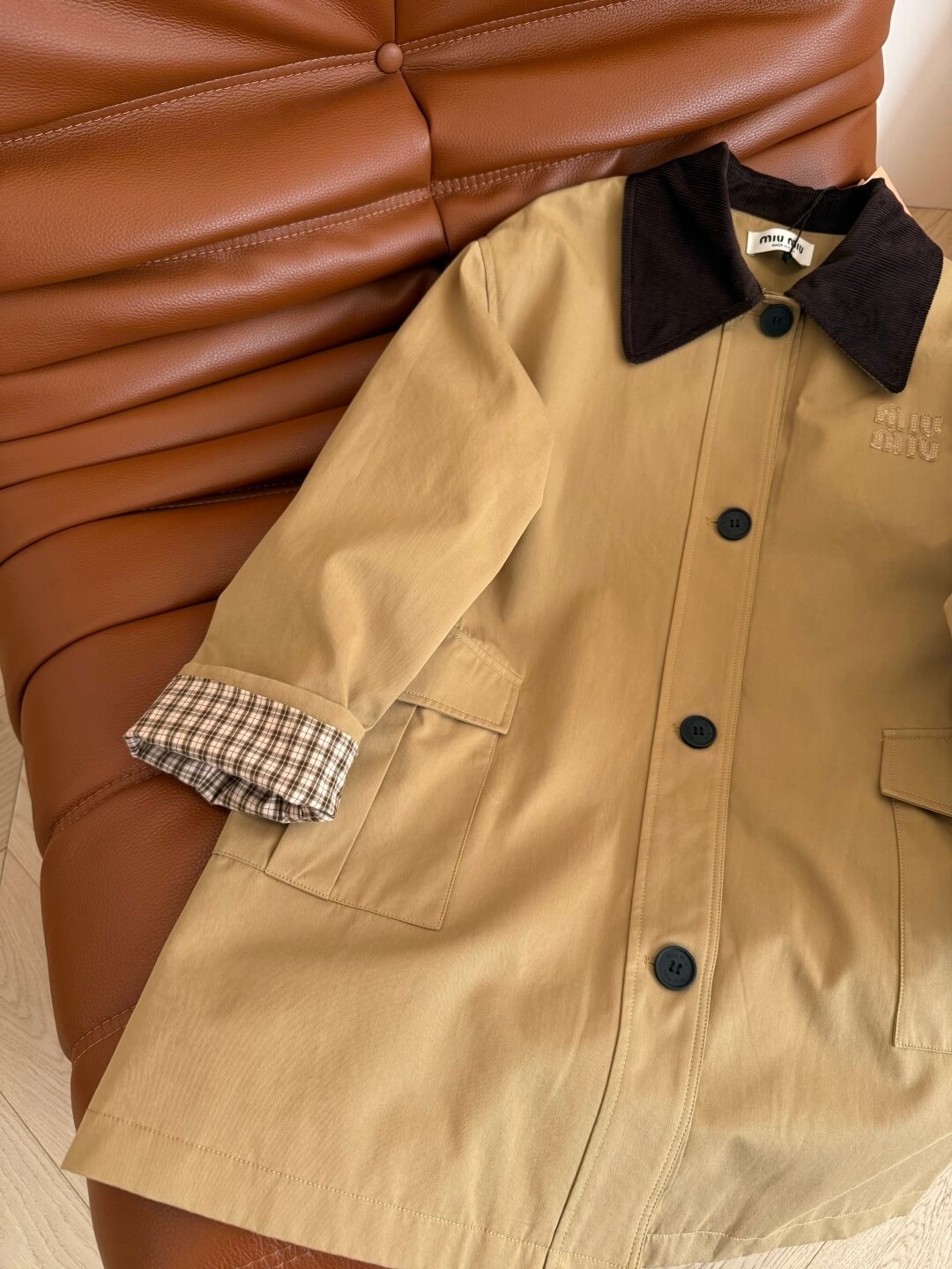 Miu Miu Tan Trench Coat with Contrast Collar & Plaid Cuff Lining - Image 6