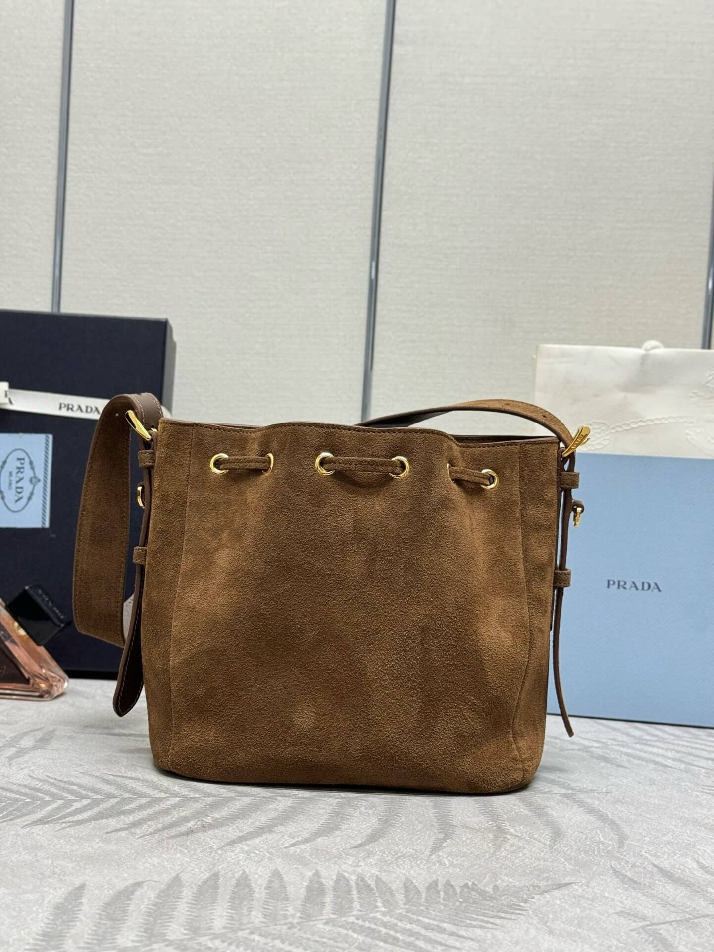 Prada Suede Bucket Bag – Brown - Image 3