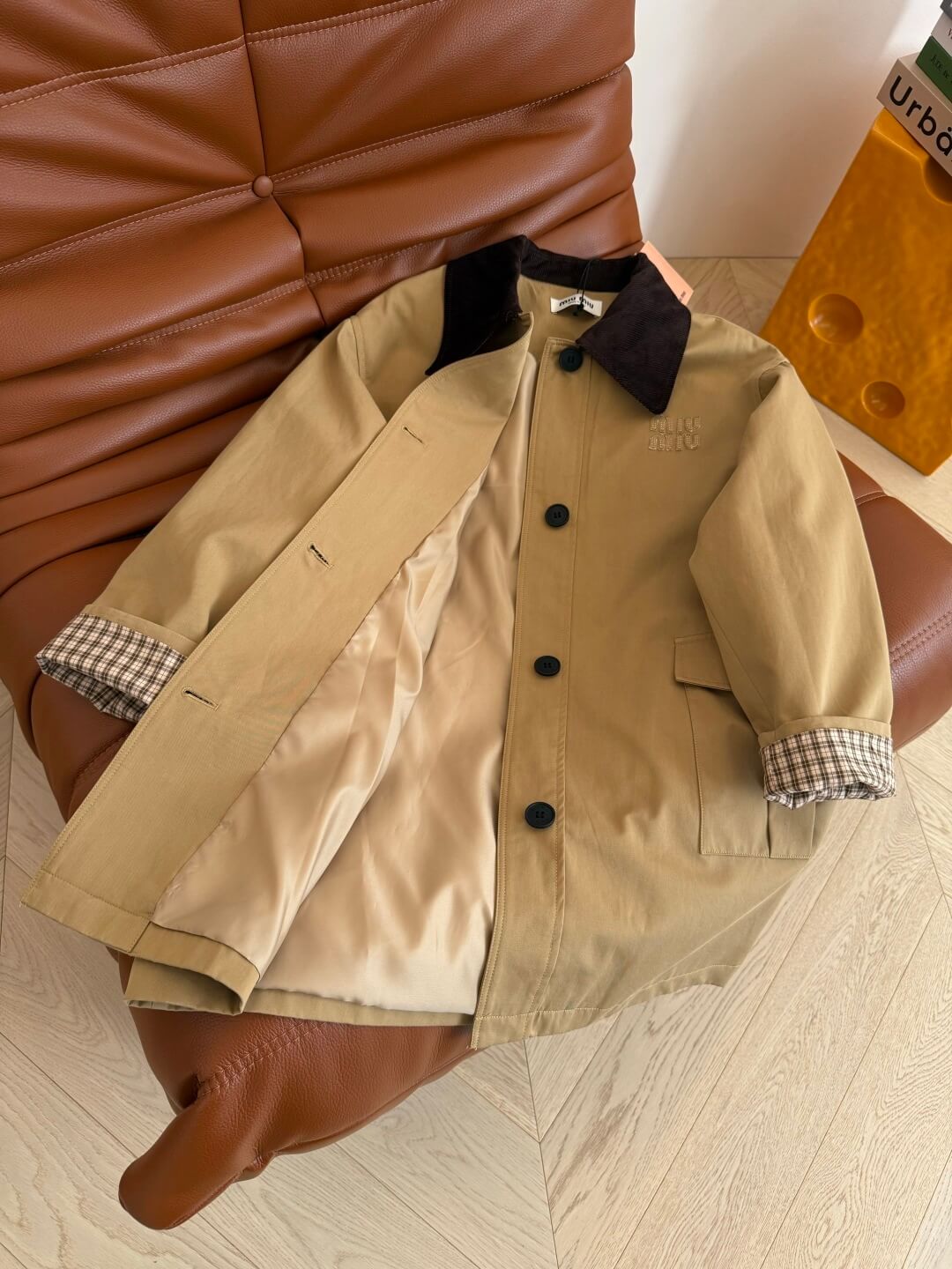 Miu Miu Tan Trench Coat with Contrast Collar & Plaid Cuff Lining - Image 4
