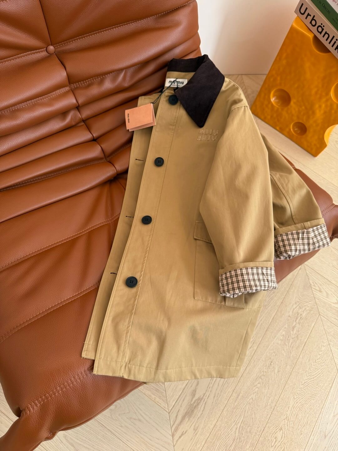 Miu Miu Tan Trench Coat with Contrast Collar & Plaid Cuff Lining - Image 3