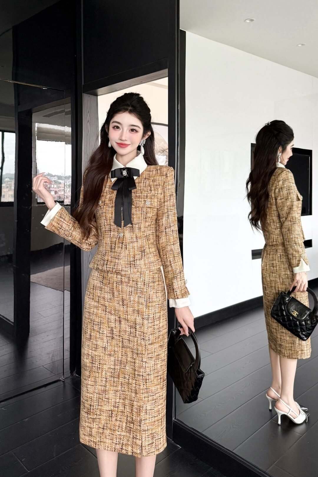 Chanel Tweed Jacket and Skirt Set – Gold/Brown - Image 6
