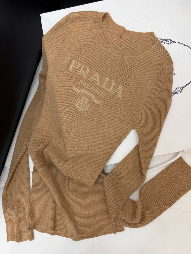 Prada Milano Logo Ribbed Knit Sweater.