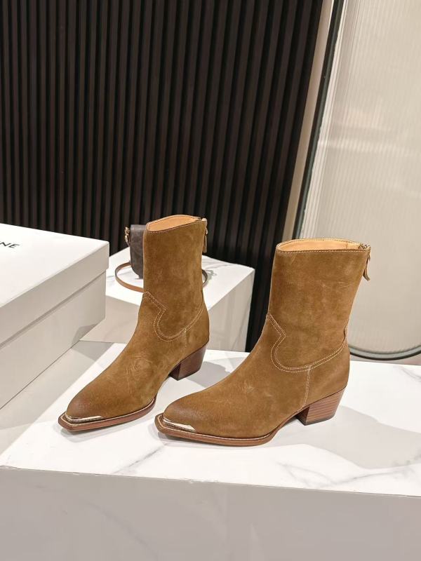 Celine Tan Suede Western Ankle Boots