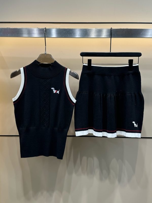 Thom Browne White Knit Vest & Pleated Mini Skirt Set with Dachshund Embroidery