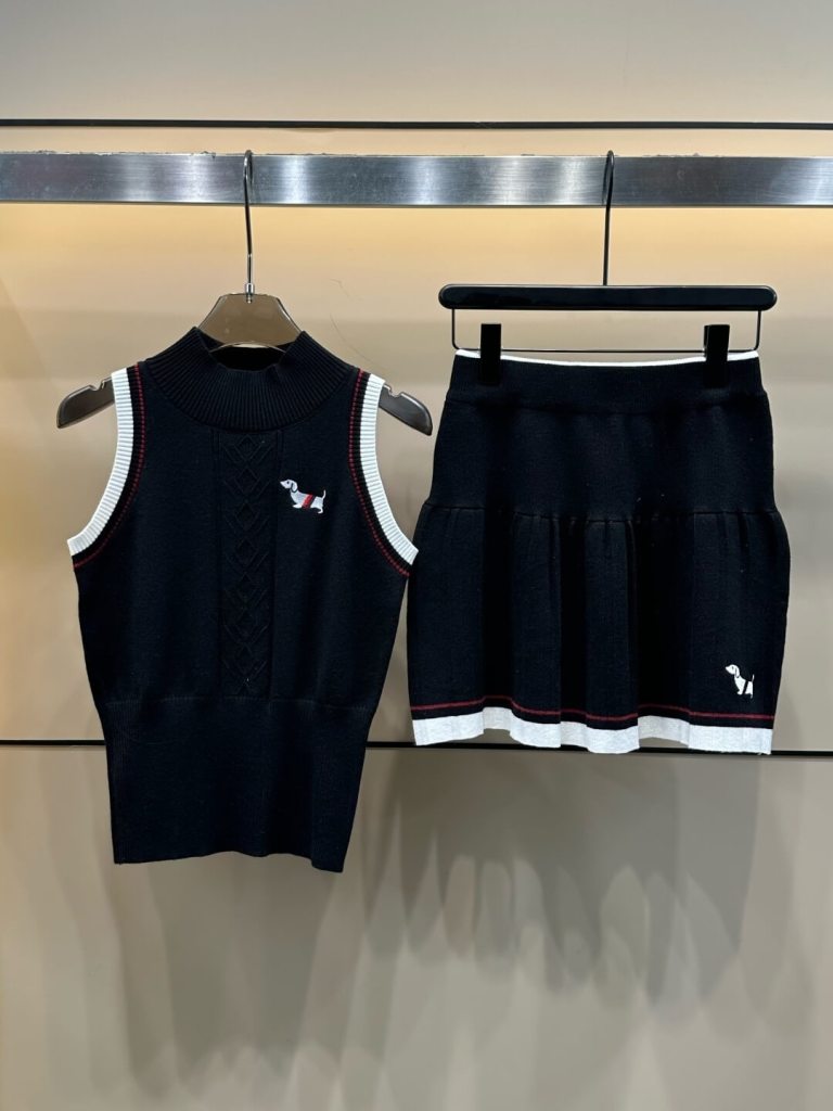 Thom Browne White Knit Vest & Pleated Mini Skirt Set with Dachshund Embroidery