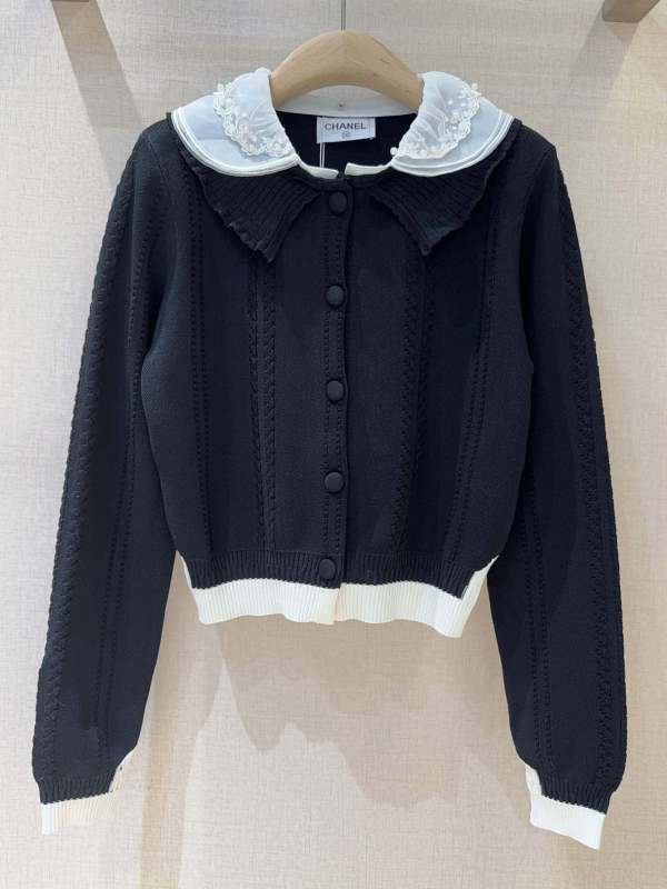Chanel Black Peter Pan Collar Knitted Cardigan