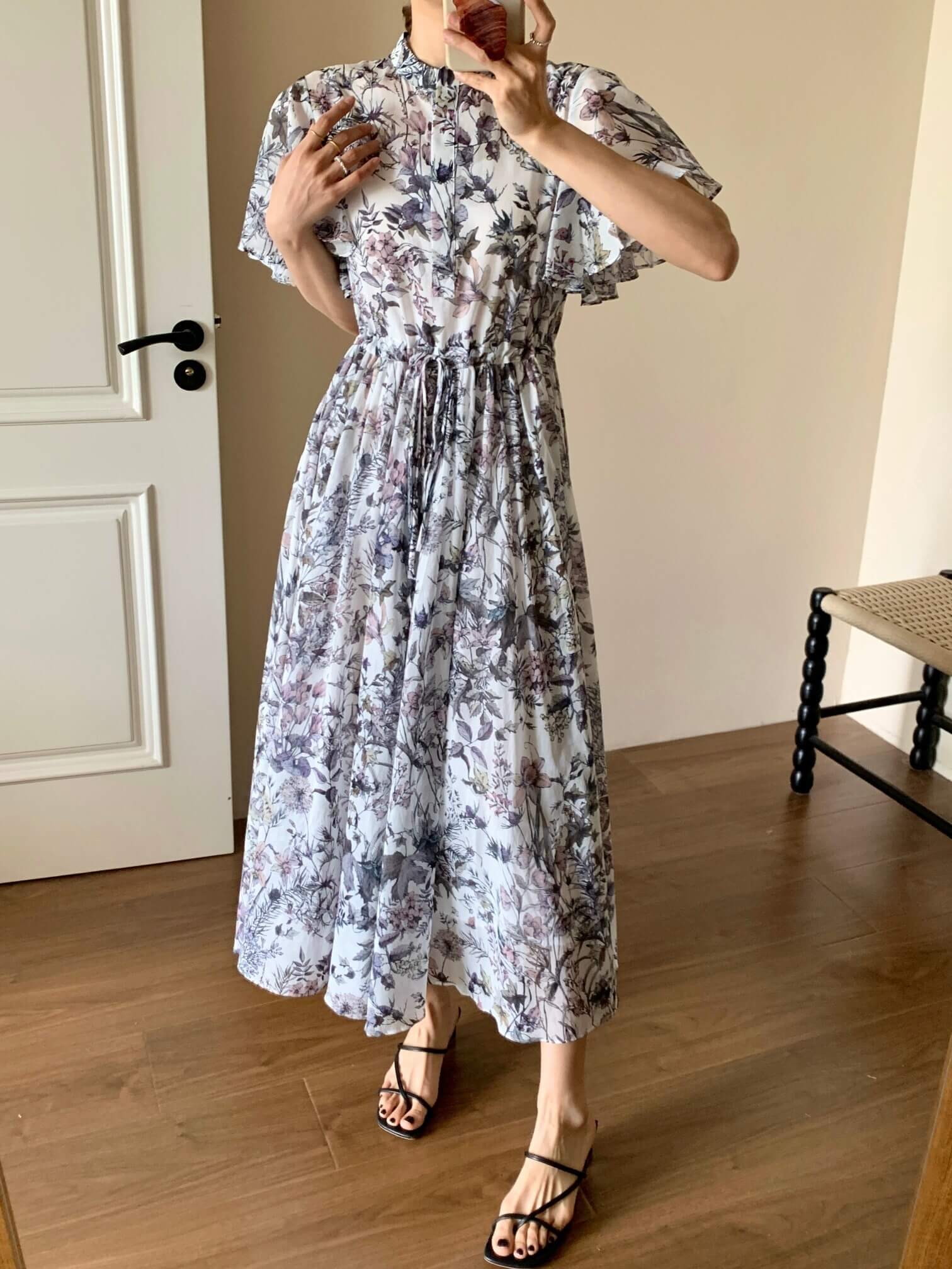 Dior Floral Print Pleated Midi Dress with Flutter Sleeves – White/Grey - Image 6