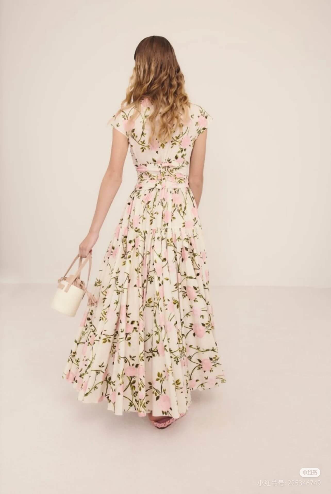 Dior Floral Print Tiered Midi Dress with Twisted Waist – Ivory/Pink/Green - Image 4