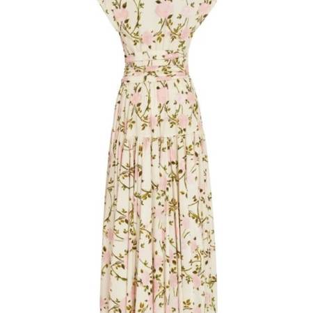 Dior Floral Print Tiered Midi Dress with Twisted Waist – Ivory/Pink/Green