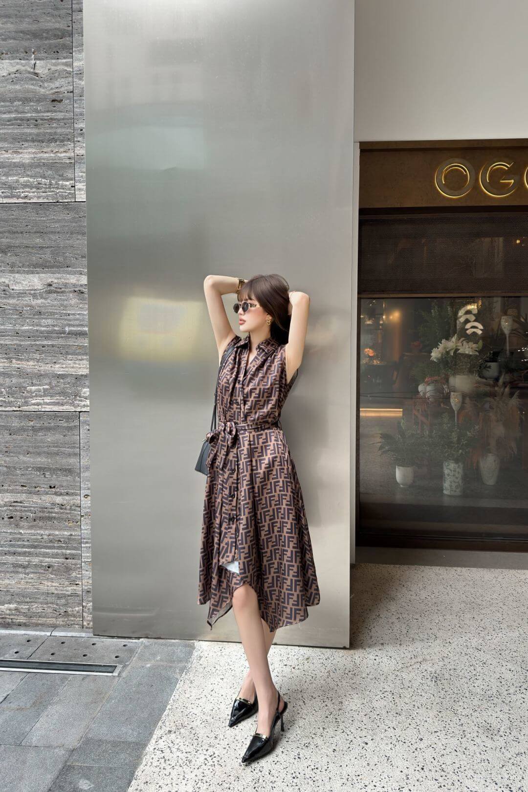 Fendi Brown FF Logo Sleeveless Belted Dress - Image 2