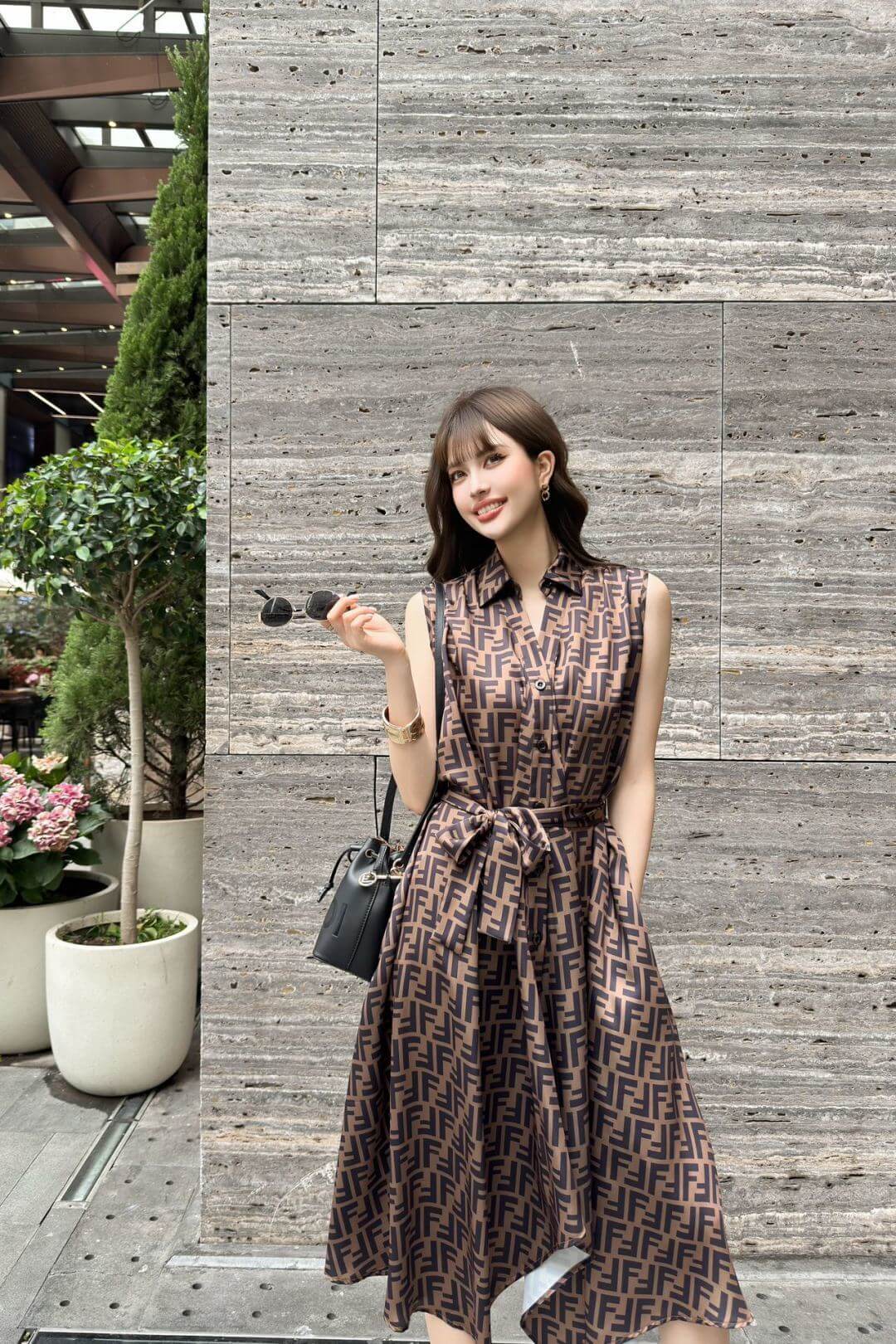 Fendi Brown FF Logo Sleeveless Belted Dress - Image 3