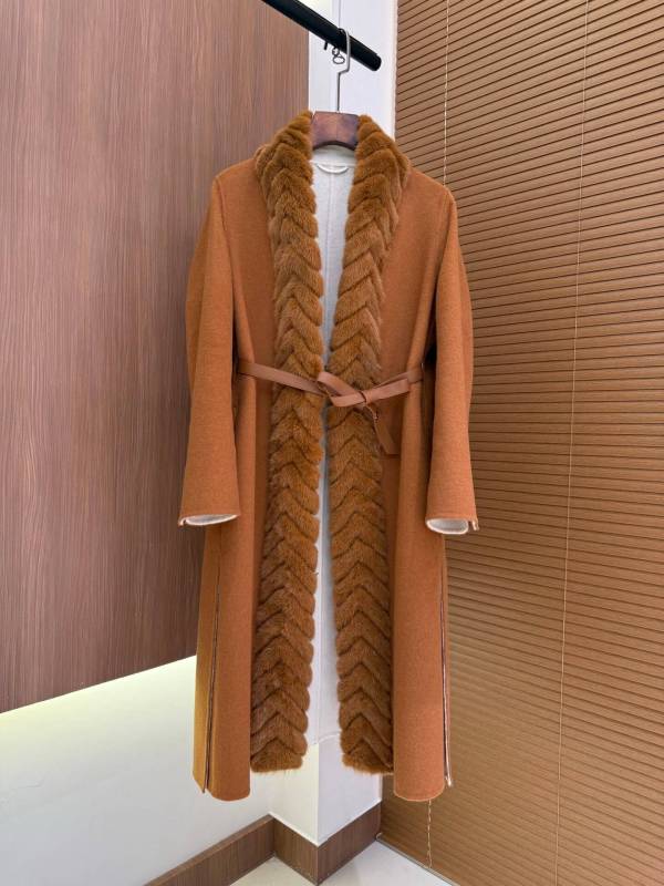 Loro Piana Cashmere Long Fur Trim Coat in Brown