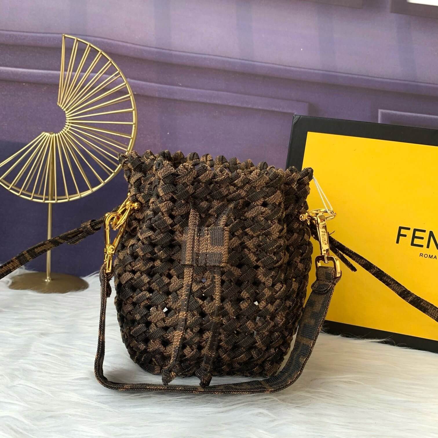 Fendi–Style Zucca Monogram Macramé Bucket Bag with Shoulder Strap – Brown - Image 3