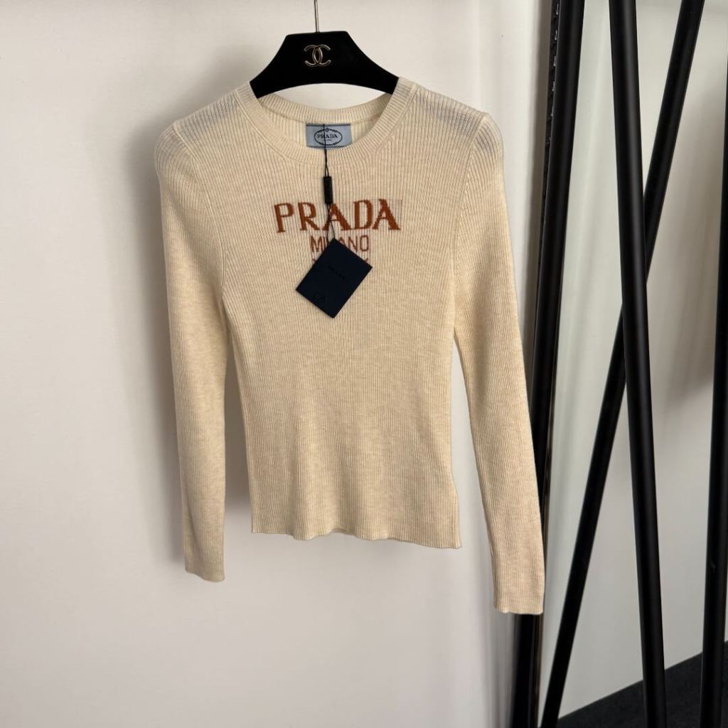 Prada Beige Milano Ribbed Knit Long Sleeve Top