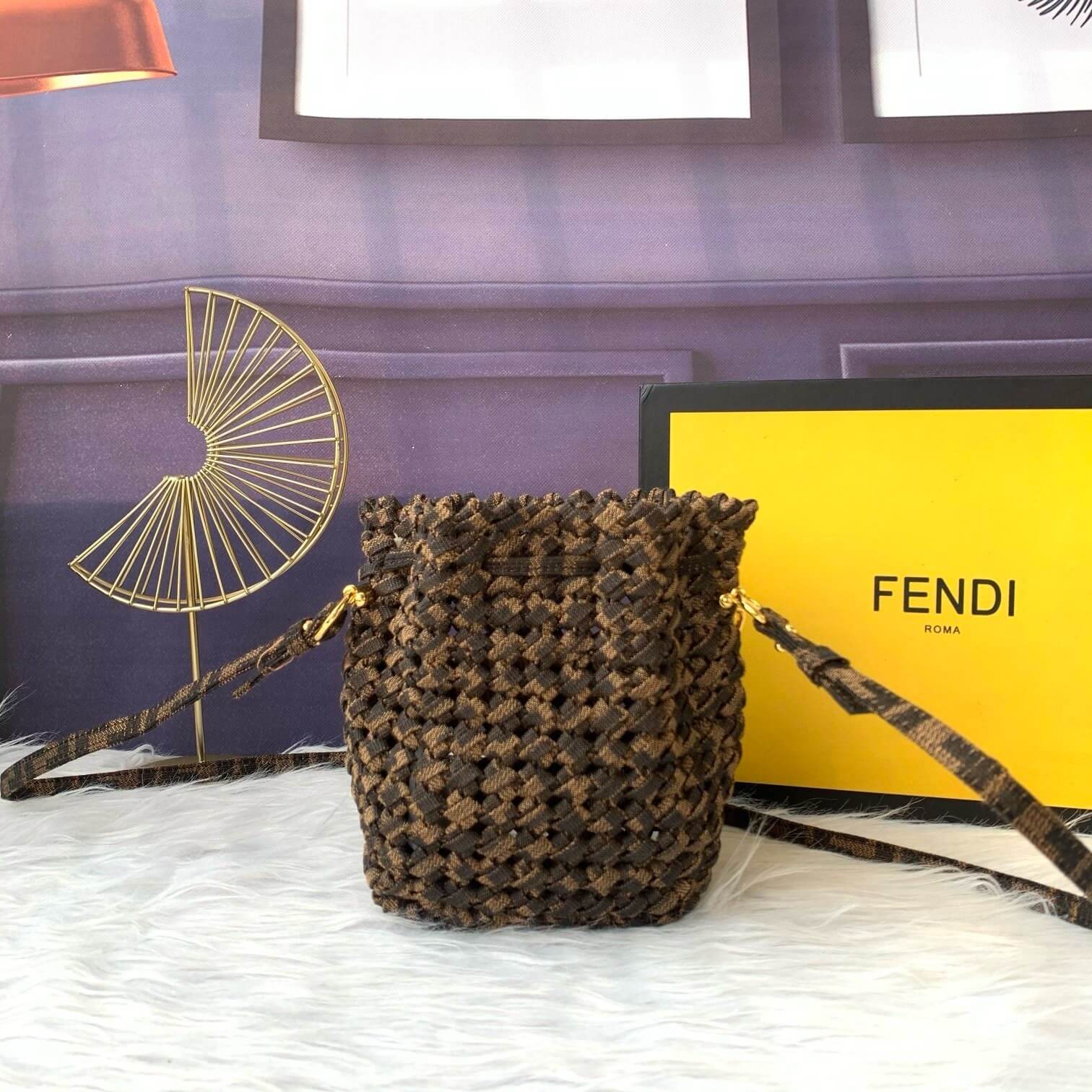 Fendi–Style Zucca Monogram Macramé Bucket Bag with Shoulder Strap – Brown - Image 5