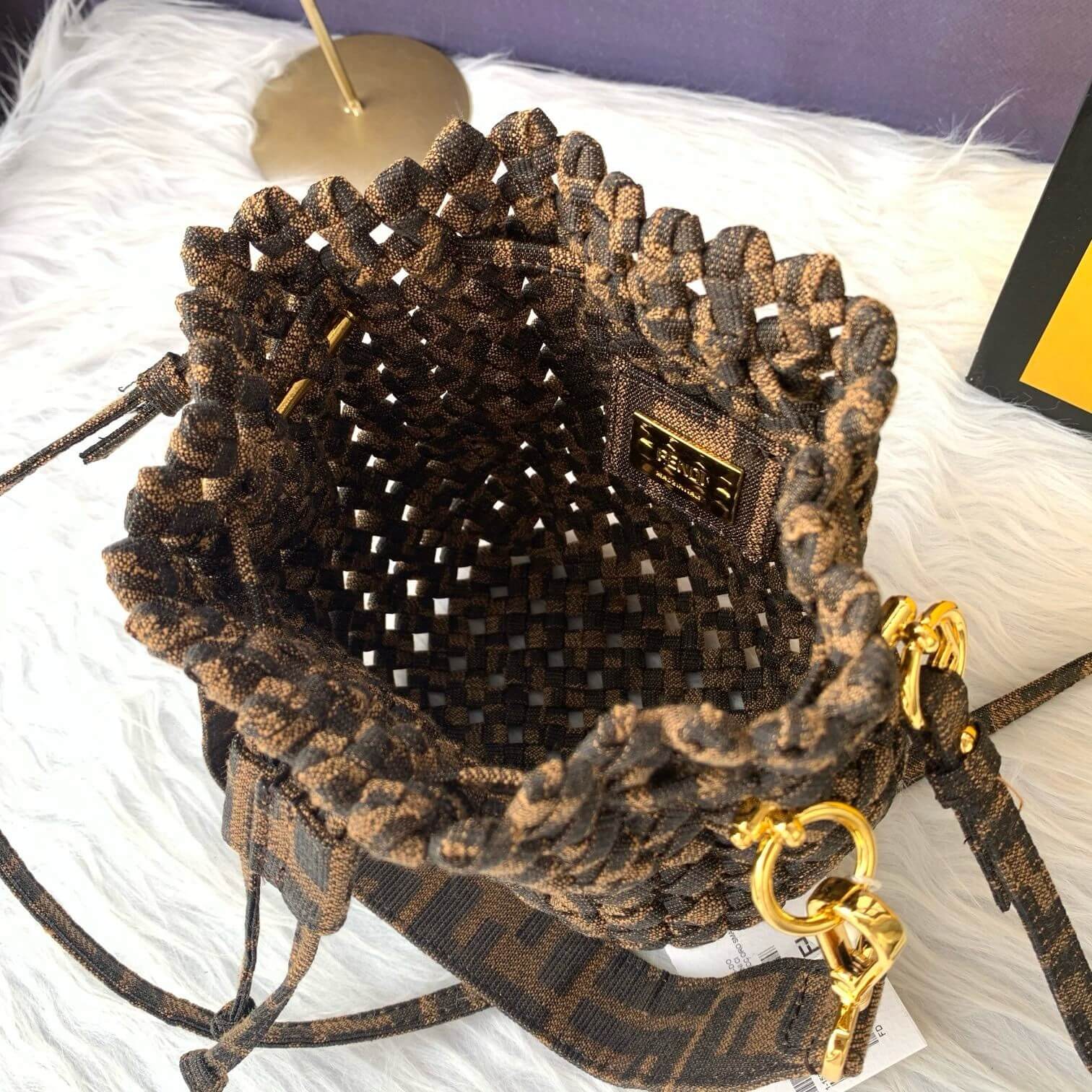 Fendi–Style Zucca Monogram Macramé Bucket Bag with Shoulder Strap – Brown - Image 6